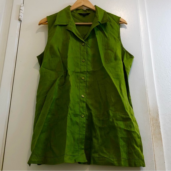 ISHYU 100% Linen Button-Up Sleeveless Tunic Top. Slit Hemline. Green. Size Large - Picture 6 of 11